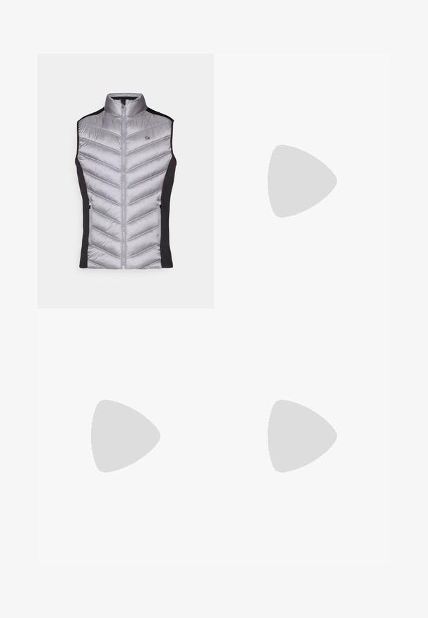 Gray puffer vest with a high collar, chevron stitching, black side panels, and front zip closure. Features a small CK logo on the chest.; Two cotton t-shirts in white and black, short-sleeved with round necks, featuring a small logo on the chest, smooth texture.; Black trousers with a smooth fabric, featuring front pleats, a button waistband, and tapered ankle cuffs. Classic tailored silhouette.; Black leather oxford shoe with lace-up design, rounded toe, flat rubber sole, and subtle stitching detail along the upper.