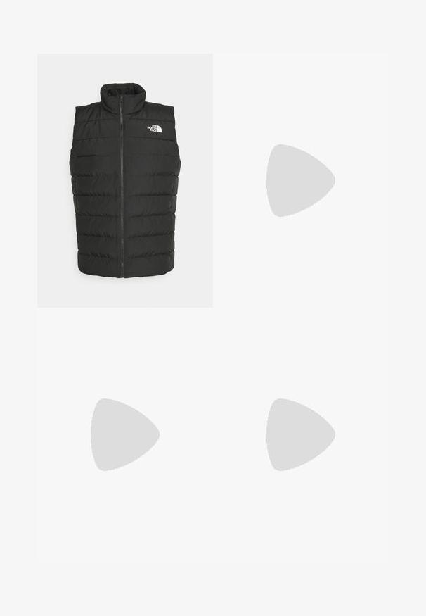The North Face M ACONCAGUA 3 VEST - Waistcoat - black; Black short-sleeve T-shirt made from lightweight fabric. Features a small white logo on the left chest and subtle shoulder accents.; The North Face HORIZON PANT - Outdoor trousers - black; Black trail running shoe with a textured upper, rubber sole, and reinforced toe cap. Features a padded collar and pull tab for easy wear.