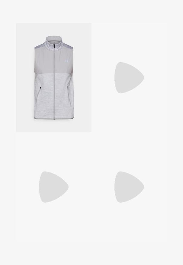 Gray sleeveless vest made of lightweight fabric. Features a high collar, full front zipper, and two side pockets. Textured shoulder accents.; New Balance Sports T-shirt - black; Black athletic pants with an elastic waistband, tapered design, side pockets, and subtle logo detail. Made from flexible, breathable fabric.; Sport shoe in gray and white, made of synthetic material, with a streamlined design, textured finish, and prominent lacing system.