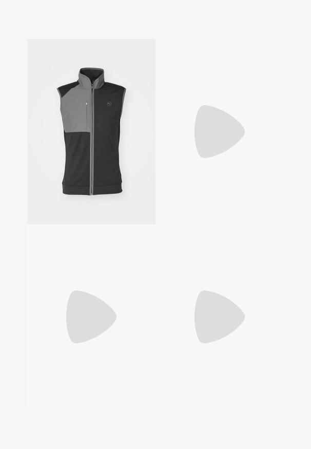 Puma Golf CLOUDSPUN VEST - Mellény - black heather/slate sky; Hosszú ujjú sportos felső sötétszürkében, világosabb szürke textúrált díszítésekkel. Kerek nyakkivágás, a mellrészen logóval.; Fekete sportnadrág rugalmas derékkal, oldalsó zsebekkel és ellentétes textúrájú panelek a lábakon. Asics logó a csípőn.; Fekete sportcipő lélegző hálós felsőrésszel, kék díszítésekkel, párnázott fehér talppal és mintás felülettel a tapadás érdekében. Felszereltségében fűzők és sarokhúzó található.