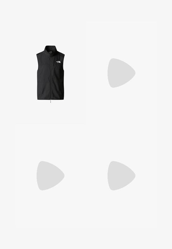 Black, sleeveless vest made of lightweight fabric with a high collar, front zipper, and a small logo on the left chest area.; Black cotton t-shirt with short sleeves, crew neck, and a small white logo on the left chest. Simple design, smooth texture, and relaxed fit.; Black athletic pants made from lightweight fabric, featuring a drawstring waistband, side pockets, and tapered cuffs at the ankles.; Black outdoor sneaker with a suede upper, textured rubber sole, and sturdy lacing system. Features a reinforced heel and brand logo on the side.