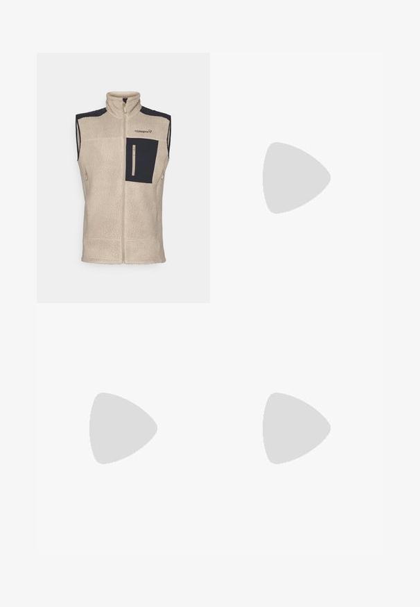 Beige bolyhos mellény magas gallérral, elülső cipzárral, két oldalsó zsebbel és egy kontrasztos sötét zsebbel. A mellényen a Norrona logó található a mellkason.; Világoszöld, rövid ujjú póló, puha anyagból; a bal felső oldalon fehér logó található; kerek, crew nyakú.; The North Face HORIZON PANT - Szabadtéri nadrágok - black; Barna vízálló sportcipők texturált felsőrésszel, perforált díszítésekkel, fekete saroktámasszal és szürke gumi talppal. A cipőfűzők fém végződésekkel vannak ellátva.