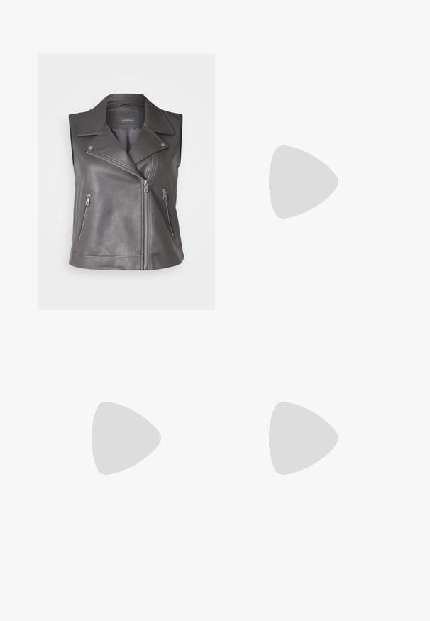 Graue Leder-Motorrad-Weste ohne Ärmel mit einem eingeschliffenen Kragen, diagonalen Frontreißverschluss und zwei seitlichen Reißverschlusstaschen. Strukturiertes Finish.; Even&Odd Petite 2 PACK - Top - light grey/black; Helles blaues Denim-Shorts mit klassischem Schnitt, ausgestattet mit einem vorderen Knopfverschluss, Gürtelschlaufen und zwei Seitentaschen. Glatte Textur und gerader Saum.; Even&Odd Stiefel - dark red; Silberne Metall-Hoops Ohrringe mit gebürsteter Oberfläche, die ein kreisförmiges Design aufweisen und mit einem klaren Steckverschluss für einen sicheren Halt ausgestattet sind.