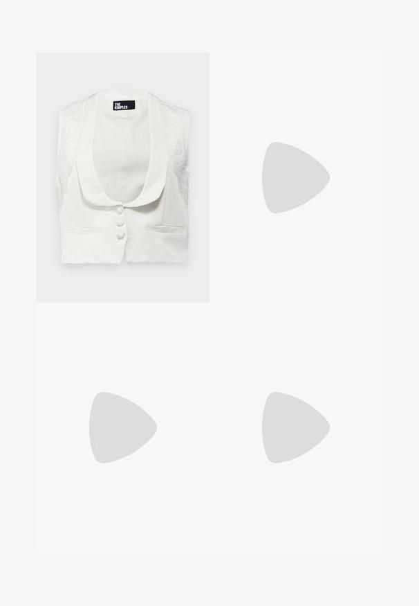 The Kooples GILET - Mellény - ecru; Fekete ujjatlan felső, fodros anyaggal, oldalsó gyűjtéssel és megnyúlt frufru részletekkel, sima textúrával és testéhez simuló fazonnal.; Fekete, sima anyagból készült, szabott nadrág, egyenes vonalú szabással és két oldalsó zsebbel. Elegáns és minimalista kialakítás.; Fekete bőr balettcipő lekerekített orral, sima tekstúrával, minimális varrással és rugalmas talp kialakítással.