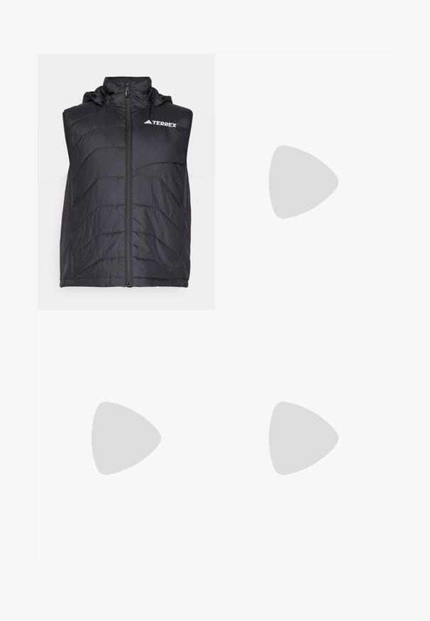 Schwarze isolierte Weste mit Kapuze, ausgestattet mit einem Frontreißverschluss und vertikalem Nähmuster. Das Logo "TERREX" ist auf der oberen linken Seite angebracht.; Schwarzes Kurzarm-T-Shirt mit Rundhalsausschnitt, das eine dezente melierte Textur aufweist und ein weißes "TERREX"-Logo auf der oberen linken Seite hat.; Schwarze, leichte Hose mit einem elastischen Bund. Besitzt ein dezentes, weißes "TERREX"-Logo. Hergestellt aus glattem Material mit geradem Bein.; Schwarzer Sportschuh mit grauen Akzenten, ausgestattet mit einem strukturierten Mesh-Obermaterial, drei weißen Streifen und einer Gummisohle für besseren Halt.