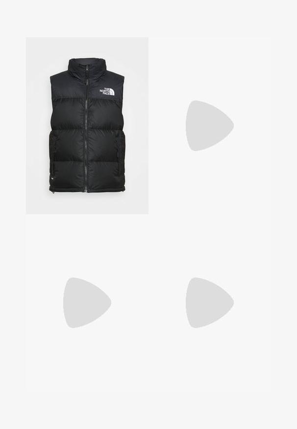 Black padded vest with high collar, zip closure, and side pockets. Features the white logo of The North Face on the chest.; Black cotton t-shirt with short sleeves, crew neck, and a small white logo on the left chest. Simple design, smooth texture, and relaxed fit.; Black athletic pants made from lightweight fabric, featuring a drawstring waistband, side pockets, and tapered cuffs at the ankles.; Black outdoor sneaker with a suede upper, textured rubber sole, and sturdy lacing system. Features a reinforced heel and brand logo on the side.