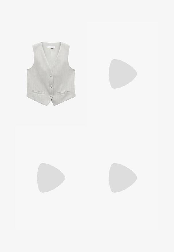 Vaalea harmaa liivi, jossa on valkoiset pystyrivit, v-kaula-aukko, viisi nappia ja kaksi etutaskua. Sujuva rakenne.; Kaksi hihattomaa ribattua kauluspaitaa mustana ja valkoisena, joissa on istuva muotoilu ja sileä rakenne, sekä lyhyt pituus.; Mustat leveälahkeiset housut, jotka on valmistettu kevyestä kankaasta. Housuissa on etunappikiinnitys ja tasainen etuosa, sekä huolellisesti ommellut helmat.; Urheilukengät, joissa on valkoinen nahkainen päällinen, harmaa mokkanokka ja kolme mustaa raitaa. Ominaisuuksina sininen logo kielekkeessä ja kuvioitu kumipohja.