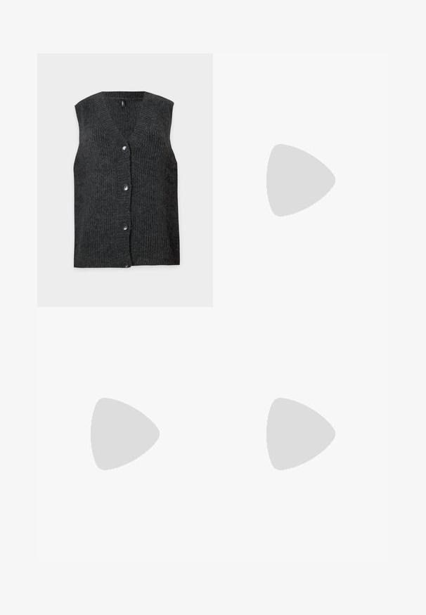 Grå ärmlös cardigan med V-hals och fem knappar, med en texturerad ribbad design mot en enkel vit bakgrund.; Vit och burgundy långärmad rugbytröja med vertikala ränder, vit krage, texten "CHAMPION" och "GAME ON" på framsidan, samt nummer 09 på bröstet.; Breda byxorna i rutigt mönster i brunt, vitt och grått; elastisk midja; mjukt tyg; har ett klassiskt rutmönster.; Svarta läderloafers med en slät finish, med en framrem och en chunky gummisula med spåriga detaljer.; Svarta rektangulära solglasögon med mörka linser, glänsande plastbågar och guldiga detaljer på skalmarna. Minimalistisk design och strömlinjeformad form.