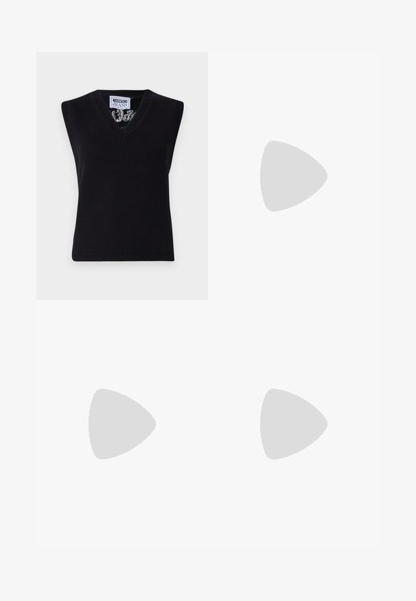 Melns bezpiedurkņu adīts tops ar V-veida kakla izgriezumu. Iezīmēts ar ribu apakšu un rakstu, kas redzams ap kakla izgriezumu. Etiķete norāda "MOSCHINO JEANS."; Balta īsām piedurknēm T-krekls, izgatavots no ribota auduma. Apaļš izgriezums, regulāra piegriezuma un diskrēti šuvumu detaļas. Bez printiem vai grafikām.; Adīts balts midi svārki ar teksturētu rakstu, kas ietver vertikālas līnijas un izgriezumus pie apakšmalas. Elastīgs vidukļa jostasvads. Mīksts materiāls.; Melna ādas baleta kurpe ar noapaļotu purngalu, gludu tekstūru, minimālu šuvju detalizāciju un elastīgu zoles dizainu.