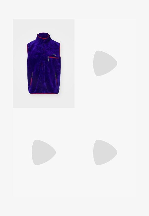 Purple fleece vest with a high collar, red accents, and two zippered pockets. Features a textured pattern and a logo on the chest.; White long-sleeved T-shirt made of cotton. Crew neck design with ribbed cuffs and a small logo on the left sleeve. Smooth texture.; Olive green, high-waisted pants with a straight leg design. Made of a lightweight fabric, featuring front pleats and a button closure.; Black fabric sneaker with white laces, beige rubber sole, and red accent at the heel. Rounded toe and minimal stitching detail.