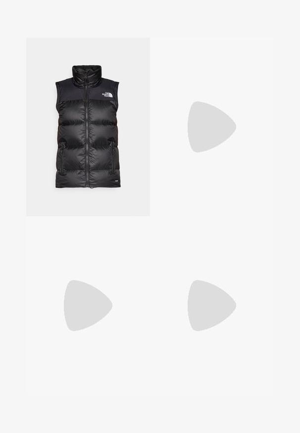 Black puffer vest featuring a high collar, zip front, and two side zip pockets. Made from a smooth, insulated material with a logo on the chest.; Grey short-sleeve t-shirt made of soft, moisture-wicking fabric. Features a crew neck and a small white logo on the upper left.; Black capri leggings made from stretchy fabric, featuring a high waistband and a small white logo on the left side. Smooth texture.; Black athletic shoe with mesh upper and textured design. Features white speckled midsole, thick black outsole, and reflective laces.