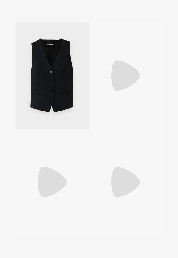 KARL LAGERFELD TAILORED WAISTCOAT - Brezrokavnik - black; Črna kratka majica s slevenami iz bombaža. Opremljena z belo grafiko z besedilom "KARL" in stilizirano postavo na prsih. Okrogla ovratnica.; Črne trenirke z udobnim krojem, elastičnim pasom, nastavljivim vrvico in vertikalnimi šivi ob nogah. Mehka tekstura tkanine.; Črne usnjene sandale na peto s koničastim nosom, vitko peto in okrasno zaponko na sprednjem delu. Gladka tekstura in eleganten dizajn.