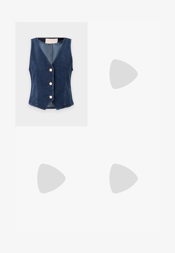 Denim vest in dark blue, featuring a V-neckline, five white buttons down the front, and a fitted silhouette with a slightly flared hem.; Long-sleeve white T-shirt made of ribbed cotton, featuring a round neckline and a straight hem. Simple design with no patterns or accents.; WEEKEND MaxMara AGENDA - Relaxed fit jeans - navy; Black leather ballet flat with a rounded toe, smooth texture, minimal stitching detail, and a flexible sole design.; Brown leather handbag with a flap closure, gold-tone hardware, a shoulder strap, and a smooth texture. Compact rectangular shape.