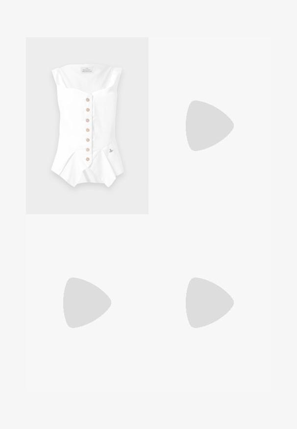 Top blanco sin mangas con escote corazón, que cuenta con un cierre frontal de botones en color beige y un dobladillo con volantes. Incluye un pequeño detalle bordado.; Blusa blanca de encaje con mangas cortas acampanadas, un escote redondo y un dobladillo con puntilla. Se pueden ver delicados patrones florales en la tela.; Pantalones flared blancos con una textura de tela suave, con dos bolsillos frontales y una cinturilla cosida para un ajuste ceñido.; Stuart Weitzman NUDIST BLOCK 75 - Sandalias tobilleras - white