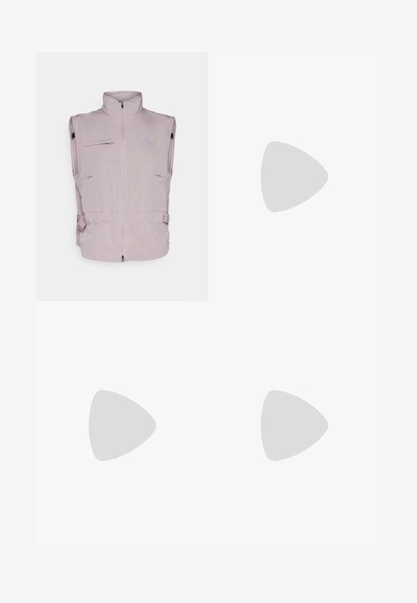 Nike Performance TRAIL REPEL VEST - Vest - light violet ore/red sepia; Must have lühikeste varrukatega must t-särk, mis on valmistatud siledast kangast, ümmarguse kaelusega ja laia lõikega. Omab külgslitsid, mis pakuvad lisamugavust ja hingavust.; Nike spordipüksid tumeshallis, kitsa jala disainiga, elastse vöökoha ja aktsentdetailidega pahkluude lähedal.; Musthave mustus Nike jooksujalats, millel on hingav võrgust ülemine osa, valge swoosh logo, tekstuuriga detailid ja kreemja värvusega ZoomX vahevöö.
