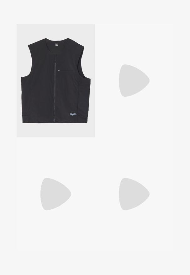 Gilet sans manches noir en tissu léger, doté d'une fermeture éclair à l'avant et d'une petite poche zippée sur la poitrine, avec un logo sur l'ourlet.; T-shirt noir à manches courtes en tissu lisse. Présente un col rond et un petit logo de marque sur la poitrine.; Pantalons gris clair avec des panneaux latéraux noirs, taille élastique avec cordon de serrage et poignets élastiques. Fabriqués en matériau léger, présentant un patch logo.; Chaussures de sport blanches avec une tige en mesh, des accents gris, une semelle en caoutchouc texturée et des languettes à l'arrière ; elles affichent un design à lacets.