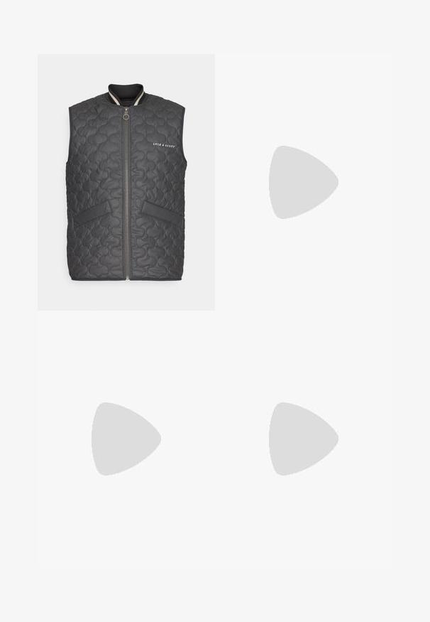 Gray quilted vest with zip closure, ribbed collar, two front pockets, and subtle logo. Features rounded stitching and smooth texture.; Two t-shirts: one black with large white "BOSS" text, one plain white. Both have short sleeves and round necklines, made of cotton.; Black jogger pants made of smooth fabric. Feature an elastic waistband with a drawstring, tapered legs, and no visible pockets. Simple design.; Black leather sneaker with white sole, features perforations, lace-up design, logo on the side, and contrasting heel detail in white and brown.