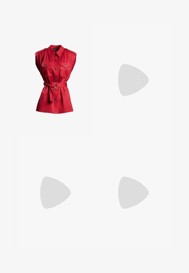 Red sleeveless button-up shirt with two chest pockets, shoulder epaulets, and a matching belt with a silver buckle at the waist.; Three long-sleeve tops stacked: black, grey, and white. Each has a round neckline and a cropped design with smooth, lightweight fabric.; Black leather skirt with a fitted design. Smooth texture, seams outlining shape, and a straight hem. Minimalistic and sleek appearance.; Pink suede sneakers with green stripes, white accents, and a brown rubber sole. Features textured fabric and logo detailing on the side.; Silver hoop earrings featuring rectangular and triangular clear crystals arranged in a circular pattern with a central post for fastening.