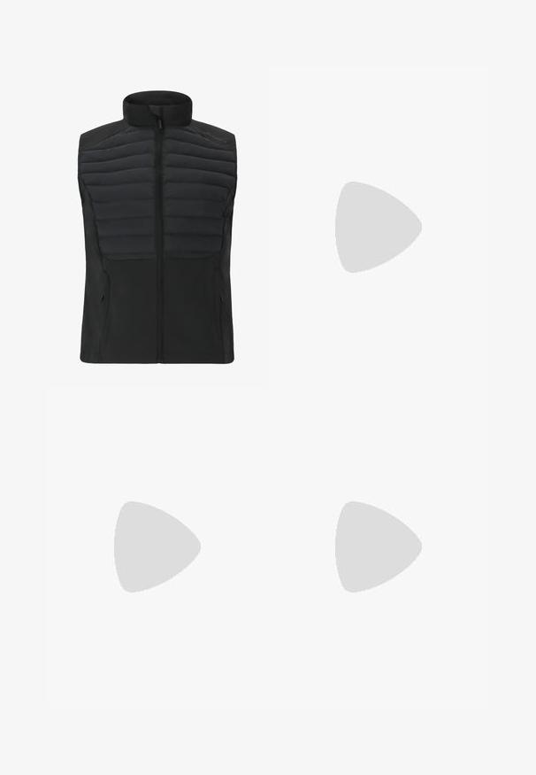 Schwarze Steppweste mit hohem Kragen, gesteppten Frontpanelen, glattem Rücken und Seitentaschen. Reißverschluss und Logodetail auf der Schulter.; Kurze Ärmel Sport-T-Shirt, dunkelgrau mit durchbrochener Textur. Enthält ein weißes Logo und kontrastierende Seitenstreifen. Runder Ausschnitt.; Schwarze Sportshorts aus leichtem Material mit einem breiten Bund, weißen Seitestreifen und einem kleinen weißen Logo am unteren Saum.; Weißer Sportschuh mit grauen Streifen, Obermaterial aus Mesh sowie pinken Ferse und Akzenten. Mit texturiertem Fersenbereich und Gummisohle. Schnürsenkel und gepolsterter Kragen.