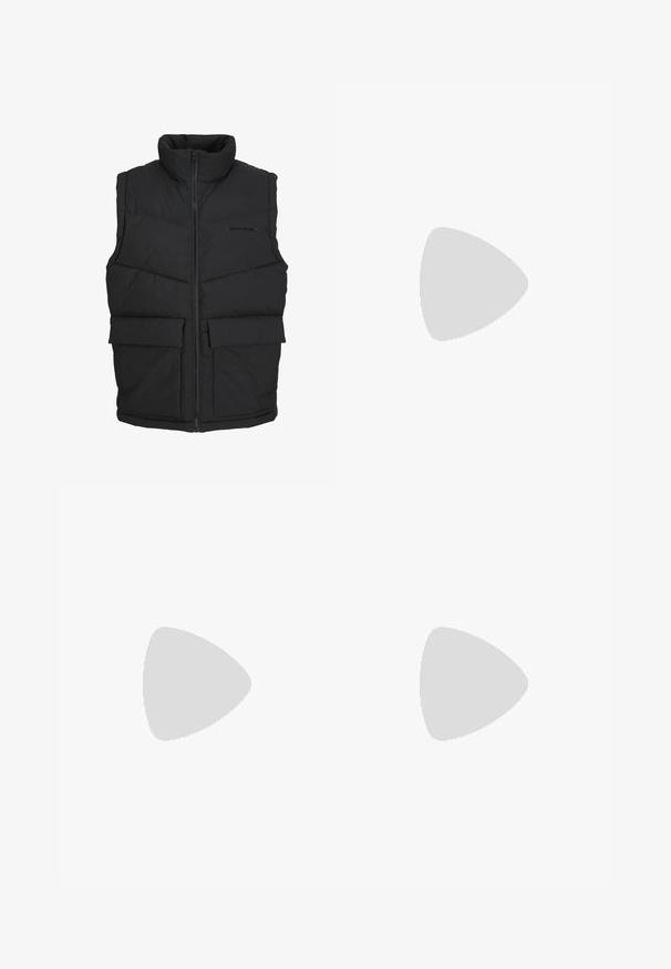 Black puffer vest with high collar, zip front, and two front pockets. Made of quilted fabric, featuring a smooth texture and minimalist design.; White cotton T-shirt with a crew neck, featuring a small logo patch in red, white, and blue on the left chest. Short sleeves, classic fit.; Black cargo pants made of lightweight fabric, featuring a relaxed fit, two large side pockets, and a button closure.; Lacoste sneakers in dark gray with mesh and synthetic material, featuring a textured sole and brown accents on the collar and branding.; BOSS Sunglasses - black