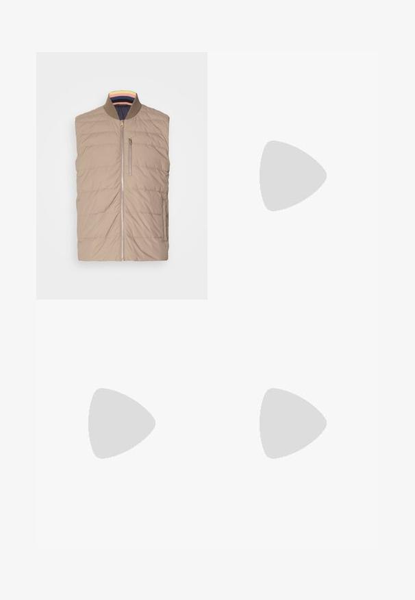 Beige padded sleeveless vest with a zip front, ribbed collar featuring pink, yellow, and blue stripes, and one zippered chest pocket.; Light beige long-sleeve shirt made of soft fabric. Featuring a button-down collar and central button closure with a curved hemline.; White trousers made of cotton, featuring a straight-leg design, flat front, and no visible patterns or hardware. Smooth texture.; Black leather loafer with a rounded toe, subtle stitched detailing, and a low heel, featuring a smooth texture and minimalist design.