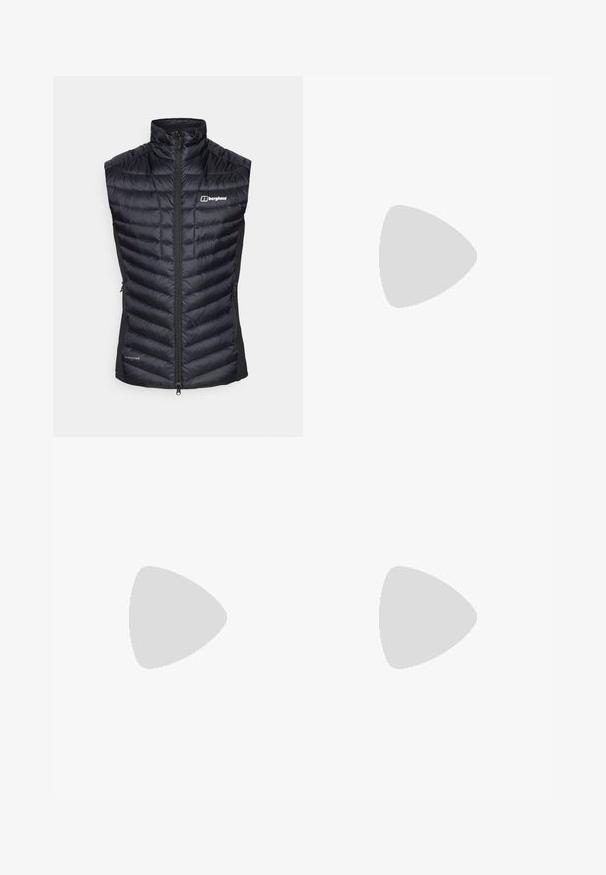 Black insulated vest with horizontal quilting, high neck, full front zipper, and side pockets. Brand logo displayed on the front.; Berghaus DELTA TEE - Sports T-shirt - black; Black, lightweight, water-resistant pants with an elastic waistband, straight-leg design, and two angled side pockets.; Green athletic shoe with mesh upper, padded collar, thick white midsole, and rubber outsole; features "HOKA" logo on the side.