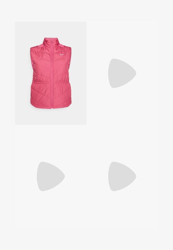 Pink sleeveless jacket with a high collar, featuring a zip front, quilted texture, and white logo on the chest. Lightweight material.; Black athletic t-shirt made of smooth fabric, featuring a knotted front design and a small white Nike logo on the chest.; Black athletic shorts with a gathered elastic waistband, inner lining, and white Nike logo on the lower left side. Smooth, lightweight fabric.; Black running shoe with a textured upper, sleek design, and reflective accents. Features a soft, cushioned sole for comfort.