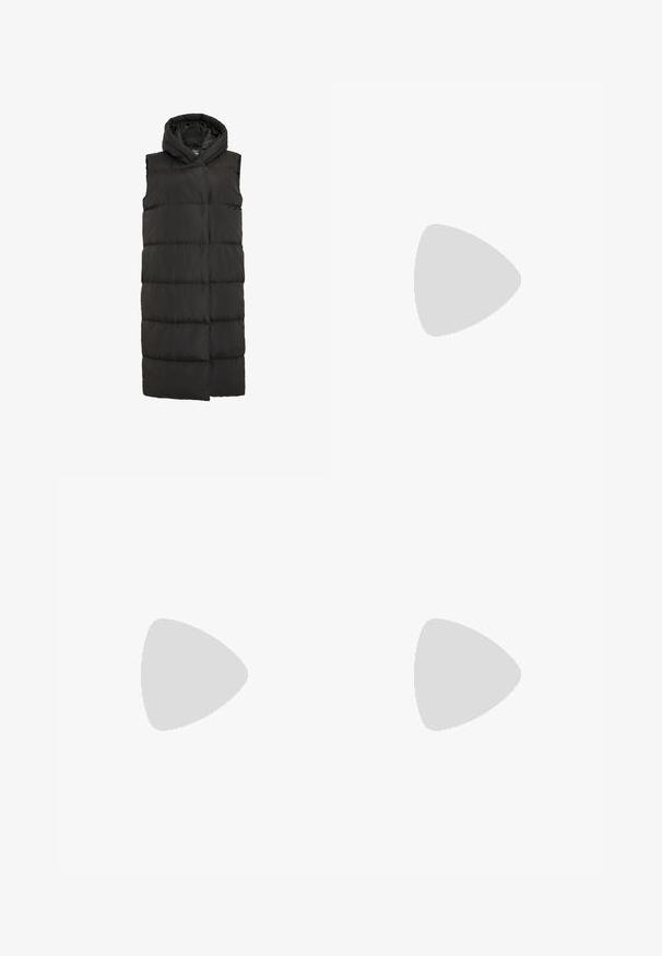Svart ärmlös puffer väst med hög krage, med horisontella quiltade sektioner och dragkedja fram. Slät, isolerad tygtextur.; Tre ärmlösa tröjor i blått, svart och vitt. Tyget är ribbat med rund halsringning. Varje tröja har en etikett märkt "even&odd."; Beige cargobyxor med hög midja, vida ben och fyra stora sidfickor. Tillverkade av ett hållbart tyg med en slät yta och minimalistisk design.; Svarta Nike sportskor med en mesh-överdela och glansiga detaljer, svarta snörningar och en texturerad sula. Matchas med vita ribbade strumpor.