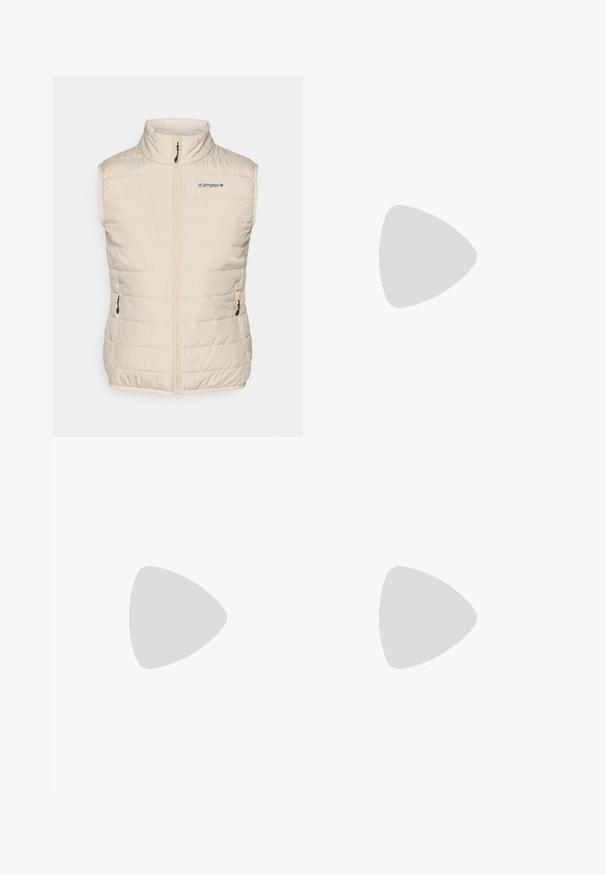 Beige isolert vest med høy krage, frontglidelås og sidelommer. Inkluderer subtil horisontal quiltet mønster og merkevare på brystet.; Svart langermet T-skjorte laget av bomull med rund hals. Har en liten hvit logo på venstre brystområde. Enkelt design og passform.; Svarte nylon cargo-bukser med glidelås og justerbare mansjetter, flere lommer og en logo på høyre bein. Glatt, lett tekstur.; Beige og krem joggesko med teksturert mesh-overdel, støttende overlegg og gummisåle med et mønster for godt grep.