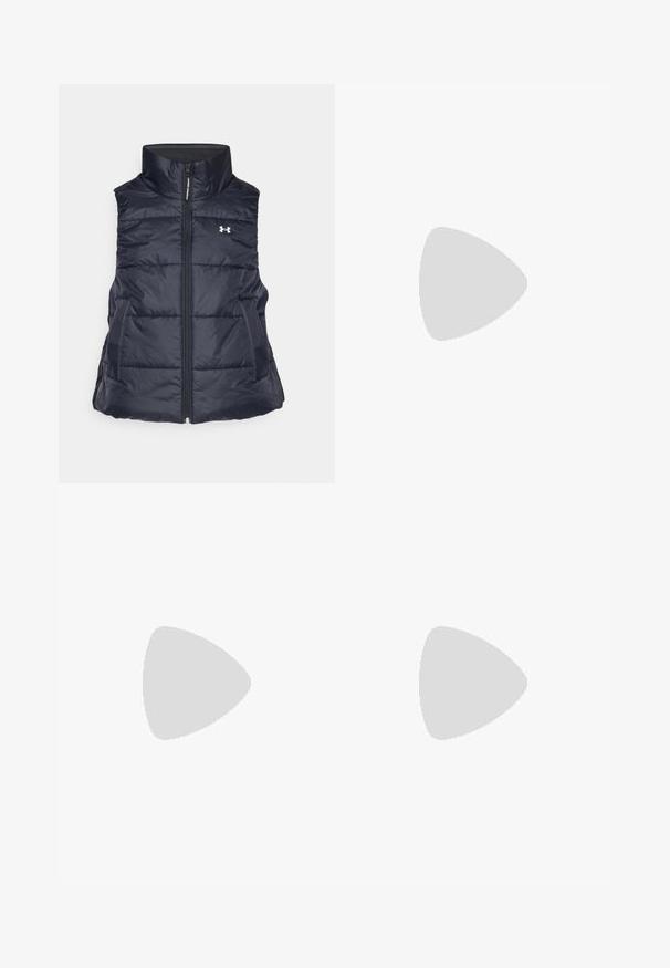 Under Armour INSULATE VEST - Brezrokavnik - black/white; Črn športni crop top iz gladkega materiala z zaobljenim ovratnikom in majhnim belim logotipom na sprednji sredini.; Under Armour LEGGING - Pajkice - black; Under Armour PHANTOM 4 - Športni copati - black
