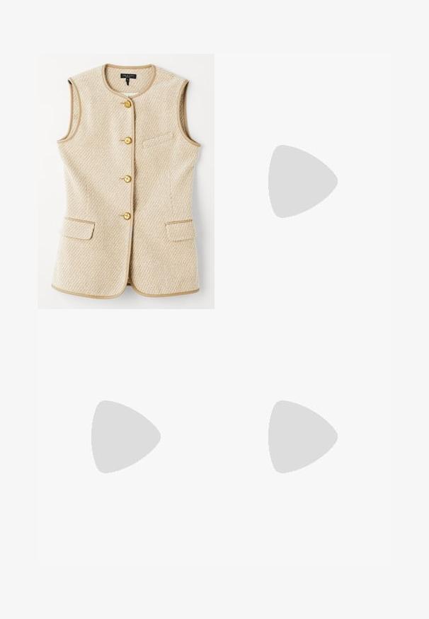 rag & bone BARTLET ITALIAN - Vesta - beige; Krátký rukáv, světle béžové tričko s kulatým výstřihem a kontrastním černým lemem na výstřihu a rukávech, prezentované na plocho.; Světle modré, vysoké široké džíny s pěti kapsami, zapínáním na knoflík a poutky na opasek, v kombinaci s přiléhavým bílým dlouhým rukávem.; Černé kotníkové boty s lesklým povrchem, čtveratou špičkou, blokovým podpatkem a bočním elastickým panelem. V kombinaci s černými úzkými kalhotami.