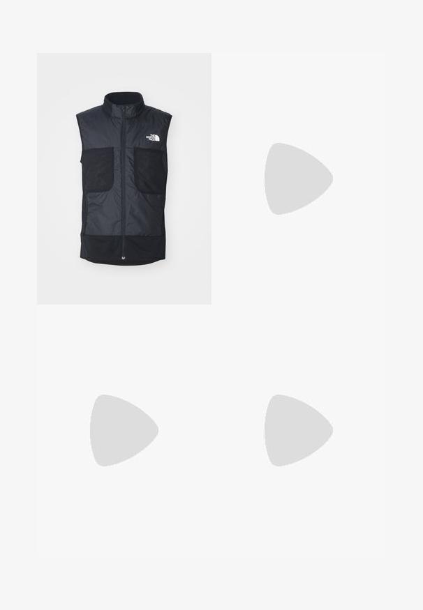 Black sleeveless vest with high collar, zip front, and two large front pockets. Made of durable fabric with contrasting trim details.; The North Face M L/S SIMPLE DOME TEE - Long sleeved top - medium grey heather; Black athletic pants made from lightweight fabric, featuring a drawstring waistband, side pockets, and tapered cuffs at the ankles.; Black trail running shoe with a textured upper, rubber sole, and reinforced toe cap. Features a padded collar and pull tab for easy wear.