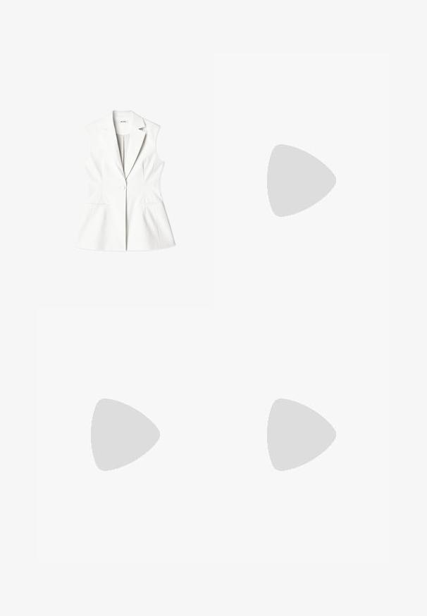 Bela brezrokavnik s skrbno zasnovo, V-izrezom, diskretno šivanim detajlom, enojnim gumbom in dvema sprednjima žepoma. Gladka tekstura tkanine.; Bela kratka majica s kratkimi rokavi iz bombaža. Ima okroglo izrezovanje in sproščen kroj. Gladka tekstura brez vidnih vzorcev ali poudarkov.; Bele široke hlače iz lahkega materiala. Imajo elastičen pas s vrvico in stranske žepe. Gladka tekstura.; Bershka Sandali z visoko peto - black