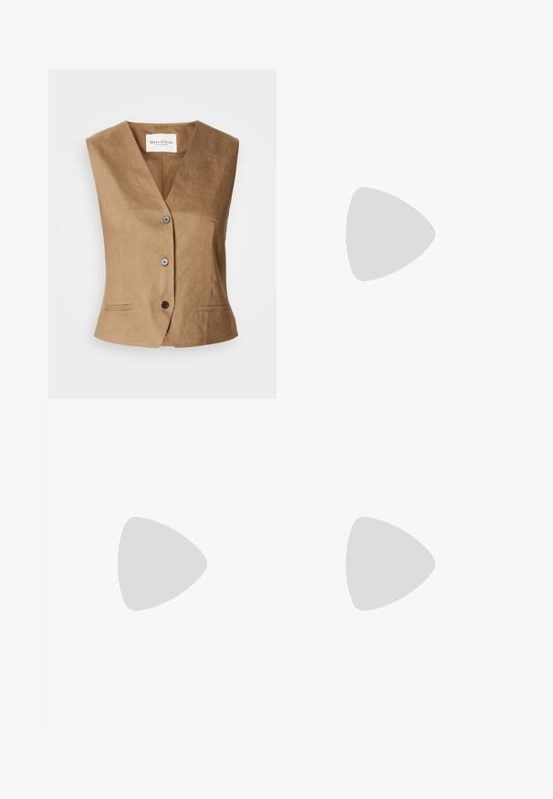 Chaleco marrón con diseño de escote en V, que presenta dos bolsillos frontales, un cierre de seis botones y una tela suave y texturada.; Vestido floral en blanco con flores azules y verdes, con cuello, cierre frontal de botones, mangas largas con puños elásticos y cinturón a la cintura.; Tacones slingback de charol beige con punta afilada y un tacón de 5 cm, con lados recortados y una delgada correa en el tobillo.; Gafas de sol carey con lentes ovalados alargados, tintado marrón, acentos de logo dorado en las patillas y brazos negros elegantes.; Bolso de mano beige con un patrón y forma curva, acentos de cuero y un logo tono dorado en la parte frontal. Cuenta con un asa corta para un fácil transporte.