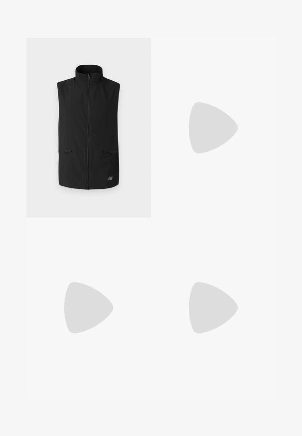 Crni bezrukavnik, s visokim ovratnikom, punim prednjim zatvaračem, dva džepa sa zatvaračem i logotipom na donjem desnom dijelu. Glatka tekstura.; New Balance ESSENTIALS - Sportska majica - black; Crne atletske šortse s elastičnim pojasom, laganom tkaninom i diskretnim logotipom na donjoj lijevoj strani. Glatka tekstura.; Trkačka obuća u bijeloj boji sivi naglasci. Mrežasti gornji dio, teksturirana podloga i istaknuti „N“ logo. Ima podstavljeni ovratnik i oznaku „Fresh Foam“. 