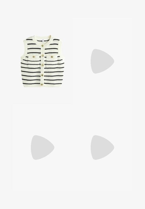 Pull sans manches en tricot couleur écru avec des rayures noires, doté d'un col rond, de deux poches avant et de détails en boutons dorés.; Deux hauts sans manches en maille côtelée, en noir et blanc, dotés d'un design ajusté et d'une texture lisse, avec une longueur courte.; Pantalons de sport marron en tissu doux, dotés d'une taille élastique, de poches latérales et d'accents de logo blancs sur la hanche gauche.; Baskets avec une tige en cuir blanc, un bout en daim gris et trois bandes noires. Présente un logo bleu sur la languette et une semelle en caoutchouc texturée.