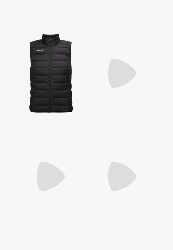 Black sleeveless puffer vest with high collar, front zip, side pockets, and quilted design; features 'MAMMUT' logo on the left chest.; Black sleeveless shirt with a textured pattern, featuring a round neckline and a "MAMMUT" logo on the front. Made of breathable material.; Black outdoor pants with a straight cut, featuring a button closure, zippered side pockets, and a logo patch on the left thigh.; Black running shoe with a textured mesh upper, reinforced toe cap, and rubber outsole. Features lacing system and logo detailing on the side.