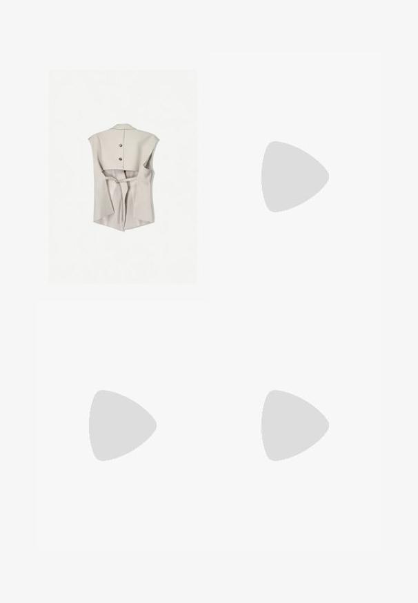 Sleeveless light beige top with a high collar, split back design, and two buttons. Features a tie detail at the waist and smooth texture.; Two sleeveless ribbed turtleneck tops in black and white, featuring a fitted design and smooth texture, with cropped length.; Black wide-leg trousers made of lightweight fabric, featuring a front button closure and flat front, with neatly stitched hems.; Sport shoes with a white leather upper, gray suede toe, and three black stripes. Features a blue logo on the tongue and a textured rubber sole.