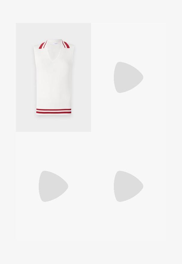 Top bianco senza maniche in maglia con scollatura a V, dotato di dettagli a righe rosse e bianche sul colletto e sull'orlo. Tessuto a costine in tutto il capo.; T-shirt nera a maniche corte con scollatura rotonda, realizzata in morbido cotone. Design semplice, senza loghi o motivi visibili.; Jeans in denim blu scuro a gamba larga con vita alta, tasche frontali e dettagli in cucitura dorata. Tessuto morbido con un taglio tradizionale.; Sneaker bianca in pelle con design low-top, lacci piatti, punta arrotondata e lati testurizzati. Soletta in gomma spessa con accenti sottili.