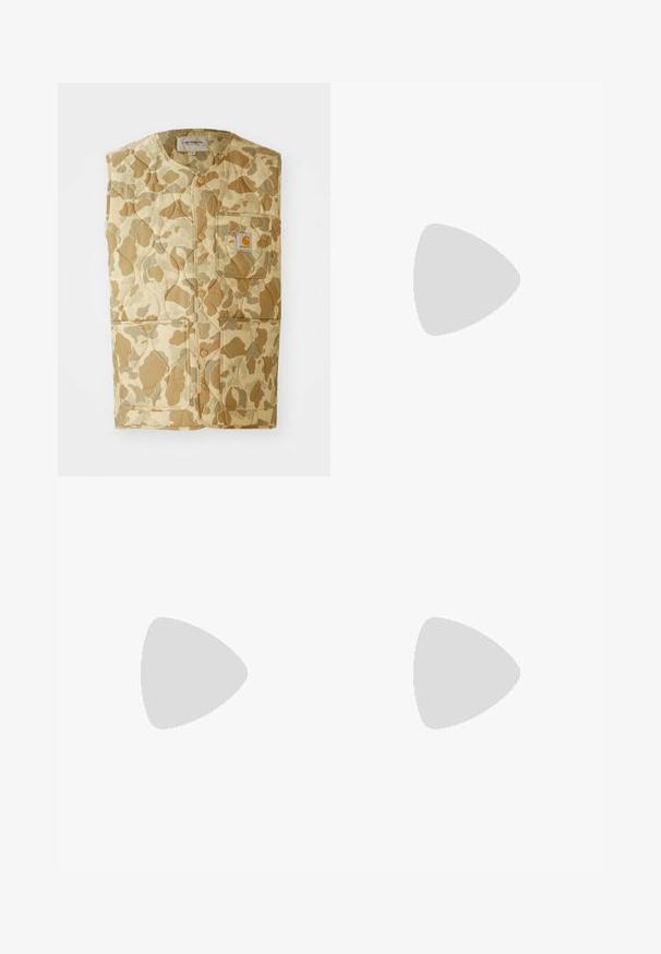 Quilted, sleeveless vest in a beige camouflage pattern. Includes a chest pocket with a logo and two large side pockets. Material appears durable.; White cotton t-shirt with short sleeves, round neckline, and a straight cut. Smooth texture with no visible patterns or accents.; White linen trousers with a straight cut, featuring two front pockets and a button closure. Smooth texture, no visible patterns or accents.; Brown suede shoe featuring a round toe and low heel, detailed stitching along the seams, and a lace-up front. Soft texture with streamlined design.