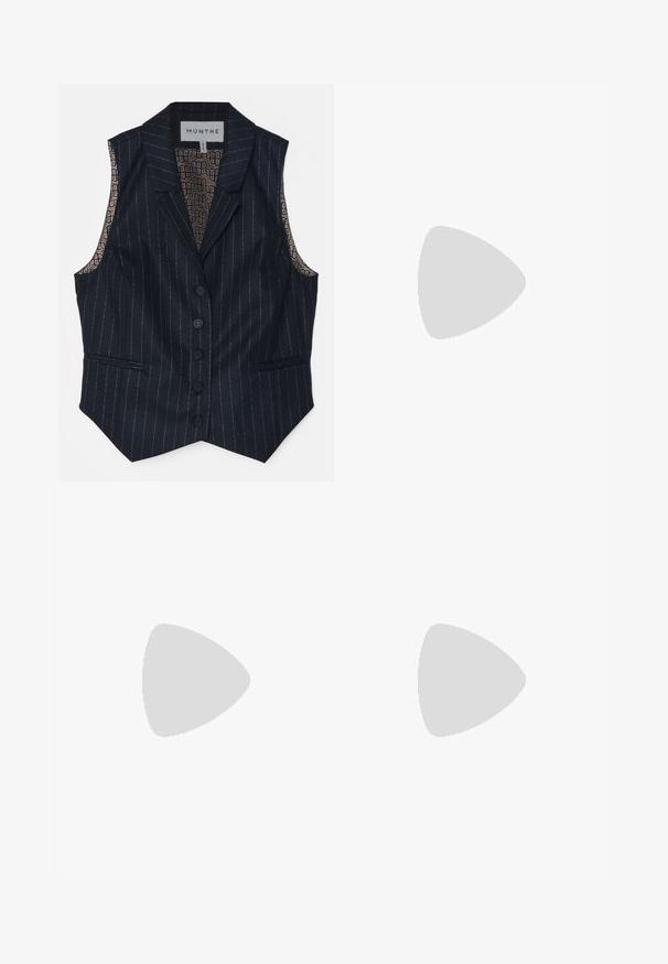 Navy pinstriped sleeveless vest with a textured feel, featuring a five-button closure and a patterned lining in shades of brown and gold.; White short-sleeve t-shirt made of ribbed fabric. Round neckline, regular fit, and subtle stitching details. No patterns or graphics.; Pink sweatpants with an elastic waistband, featuring decorative patches in diamond shapes on the left side and elastic cuffs at the ankles.; Black leather ballet flat with a rounded toe, smooth texture, minimal stitching detail, and a flexible sole design.; Brown leather handbag with a flap closure, gold-tone hardware, a shoulder strap, and a smooth texture. Compact rectangular shape.