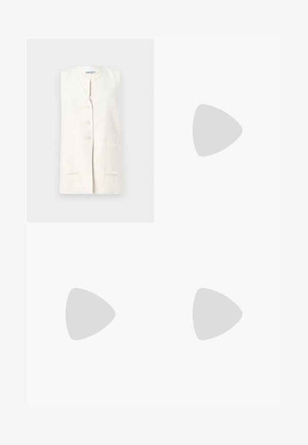 Linen vest in cream color with a v-neckline, five button closure, and two front pockets. Textured fabric with a natural finish.; Light blue cotton t-shirt with a round neckline. Features a white graphic of a palm tree and text on the left chest area. Short sleeves.; Black wide-leg pants made of denim, featuring a structured waistband, belt loops, and front pockets. Smooth texture with a classic design.; Black leather platform shoes with a chunky block heel, round toe, and traditional lace-up design. Features smooth texture and minimal detailing.