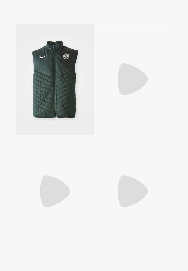 Green padded vest made of synthetic material, featuring a high collar, zip closure, diagonal quilted pattern, and a Chelsea FC logo on the chest.; Three white ribbed tank tops made of cotton. Features a crew neck and small black labels near the hem. Available in multiple sizes.; Wide-leg jeans in faded black denim, featuring a button closure, five-pocket design, and contrast stitching along the seams.; Gray athletic shoe featuring a mesh and suede upper, white accents, a cushioned sole, and a distinctive design with reflective elements.