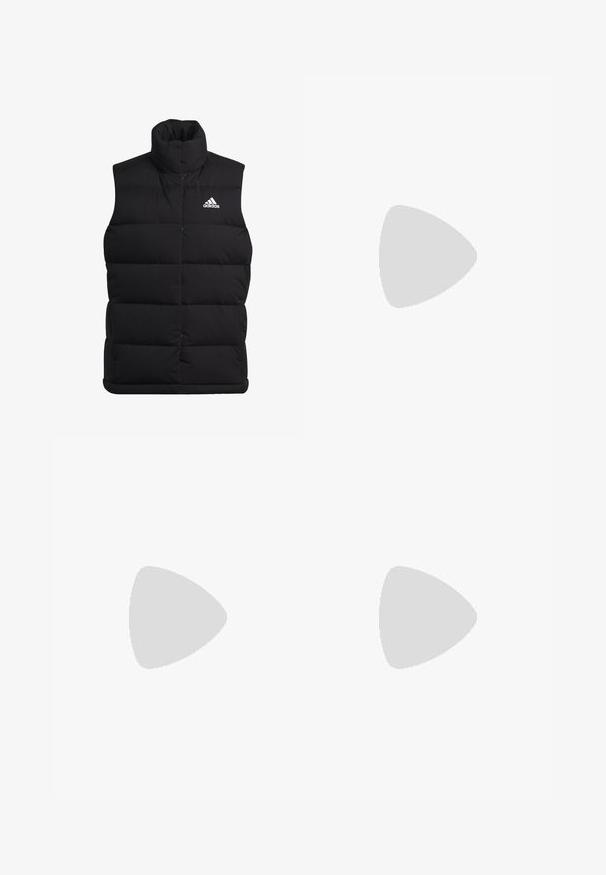Zwarte puffer vest met een hoge kraag, gequilt ontwerp en wit Adidas-logo op de linkerborst. Gemaakt van lichtgewicht, geïsoleerde stof.; Zwarte crop top met korte mouwen, een ronde halslijn en zijpanelen in een grijs geruit patroon. Witte logo op de borst.; Zwarte sportieve shorts van rekbaar materiaal. Hoge tailleband, van gemiddelde dijlengte, met een witte driekleurige logo op de linkeronderzijde.; Sneaker met een bovenwerk van mesh en suede in beige en wit, met zwarte accenten, een dikke witte tussenzool en ronde veters.