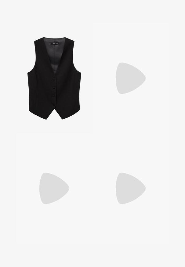Svart väst med V-ringning, fem knappstängningar och utan ärmar. Tillverkad av ett texturerat tyg med en slät foder.; Två ärmlösa ribbade polotröjor i svart och vitt, med en figursydd design och slät textur, i en kortad längd.; Svarta vida byxor i lätt material, med knappstängning fram och platt front, samt väl sydda fållar.; Sportskor med överdel i vit läder, grå mocka på tårna och tre svarta ränder. Har en blå logotyp på tungan och en texturerad gummisula.