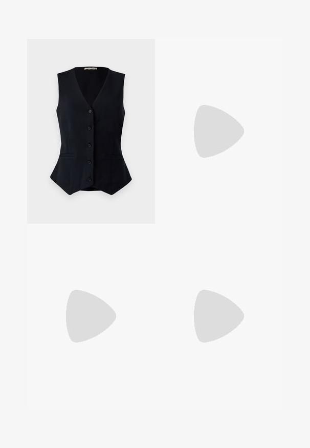 Black, sleeveless vest with a v-neckline, five buttons down the front, and two side pockets; tailored fit with a slight flare at the hem.; Two sleeveless ribbed turtleneck tops in black and white, featuring a fitted design and smooth texture, with cropped length.; Black wide-leg trousers made of lightweight fabric, featuring a front button closure and flat front, with neatly stitched hems.; Sport shoes with a white leather upper, gray suede toe, and three black stripes. Features a blue logo on the tongue and a textured rubber sole.
