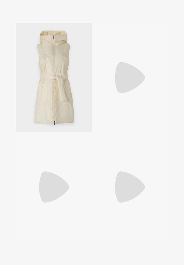 Padded sleeveless coat in light cream with a high collar, zip closure, and a fabric belt at the waist; features subtle embossed patterns.; Brown ribbed tank top featuring a sleeveless design, round neckline, and a diamond cut-out with silver hardware detail.; Pink sweatpants with an elastic waistband, featuring decorative patches in diamond shapes on the left side and elastic cuffs at the ankles.; Black leather ballet flat with a rounded toe, smooth texture, minimal stitching detail, and a flexible sole design.