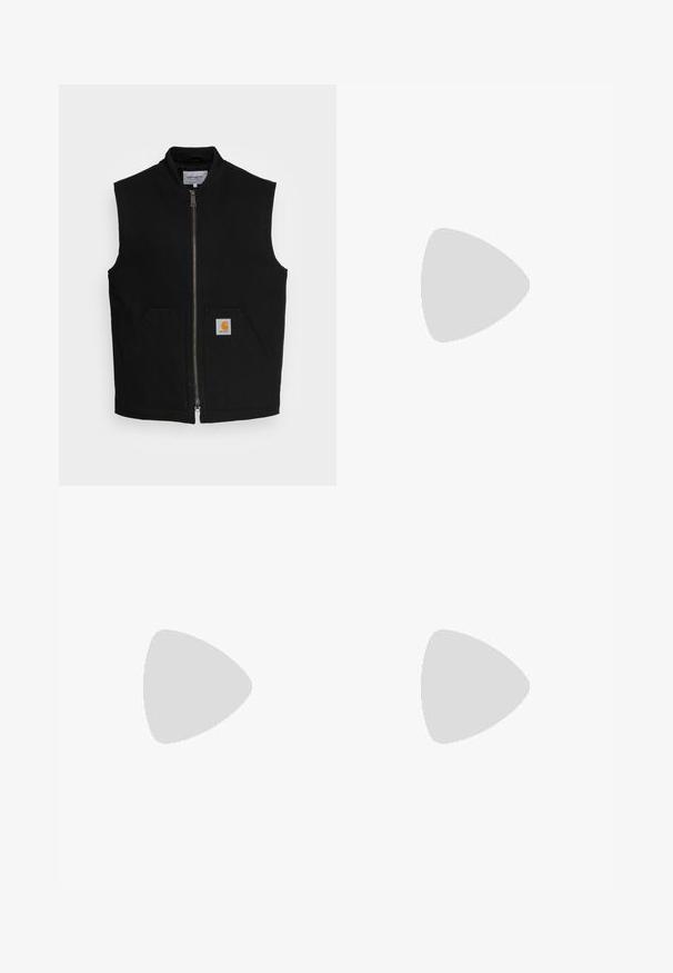 Carhartt WIP VEST DEARBORN - Väst - black rigid; Svart t-shirt med kort ärm och vita tre-randiga detaljer på axlarna samt en liten vit logotyp på bröstet. Slät tygtextur.; Svarta träningsbyxor med elastisk midja, rak bendesign, sidofickor och dragkedjor vid bensluten, tillverkade av ett mjukt och lätt tyg.; Svart och vit lågt profil inomhus sportskor med gummisula, snören och neongrön "Predator"-logotyp på sidan.
