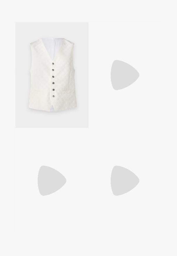 Ivory vest with a subtle patterned texture, V-neck design, six silver buttons, and two front pockets. Smooth fabric with a satin finish.; Navy blue short-sleeve T-shirt made from soft cotton. Features a crew neck and raglan sleeves, with minimal branding on the collar.; Black wide-leg trousers with a flat front, two side pockets, pleated design, and a contrasting red interior waistband.; Black slip-on shoe with a rounded toe, featuring a textured upper, smooth white sole, and subtle branding detail on the side.