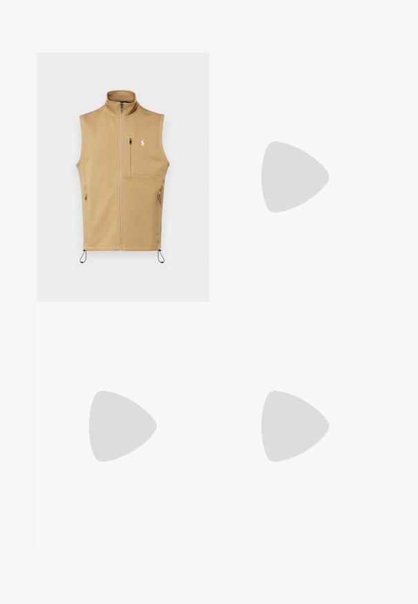 Beige krūšautā veste, izgatavota no mīksta auduma, ar augstu apkakli, sānu kabatām un izsūtītu logotipu uz krūtīm. Regulējams aukliņas apakšmalā.; Balta garām piedurknēm poga-krekla krekls, izgatavots no kokvilnas. Iespējojot izkliedētu apkakli, pogu aizdari un mazu izšūtu logotipu uz krūtīm.; Bežīgas kokvilnas chinos bikses ar gludu priekšpusi, jostas cilpām un sānu kabatām. Taisnas kājas dizains ar gludu tekstūru un vieglu, elpojošu sajūtu.; Baltas ādas sporta apavi, zema dizaina, ar gludu tekstūru, noapaļotu purngalu, ar auklēm priekšpusē un nelielu izšūtu logotipu sānos.